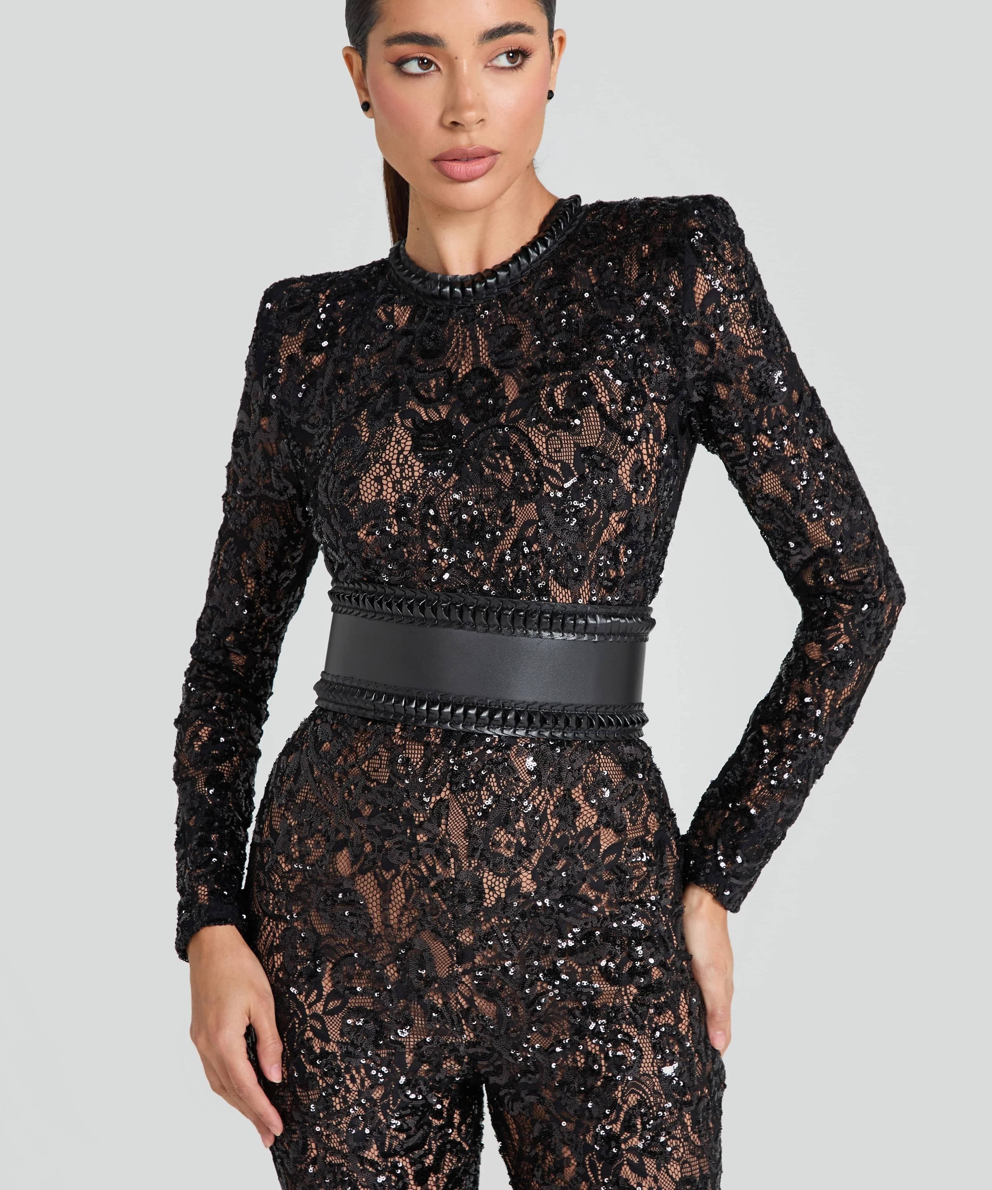 Modinzi jumpsuit Black / 8 (S) Women’s Sequin Lace Jumpsuit – Long Sleeve Sheer Floral Embellished Jumpsuit with Waist Belt