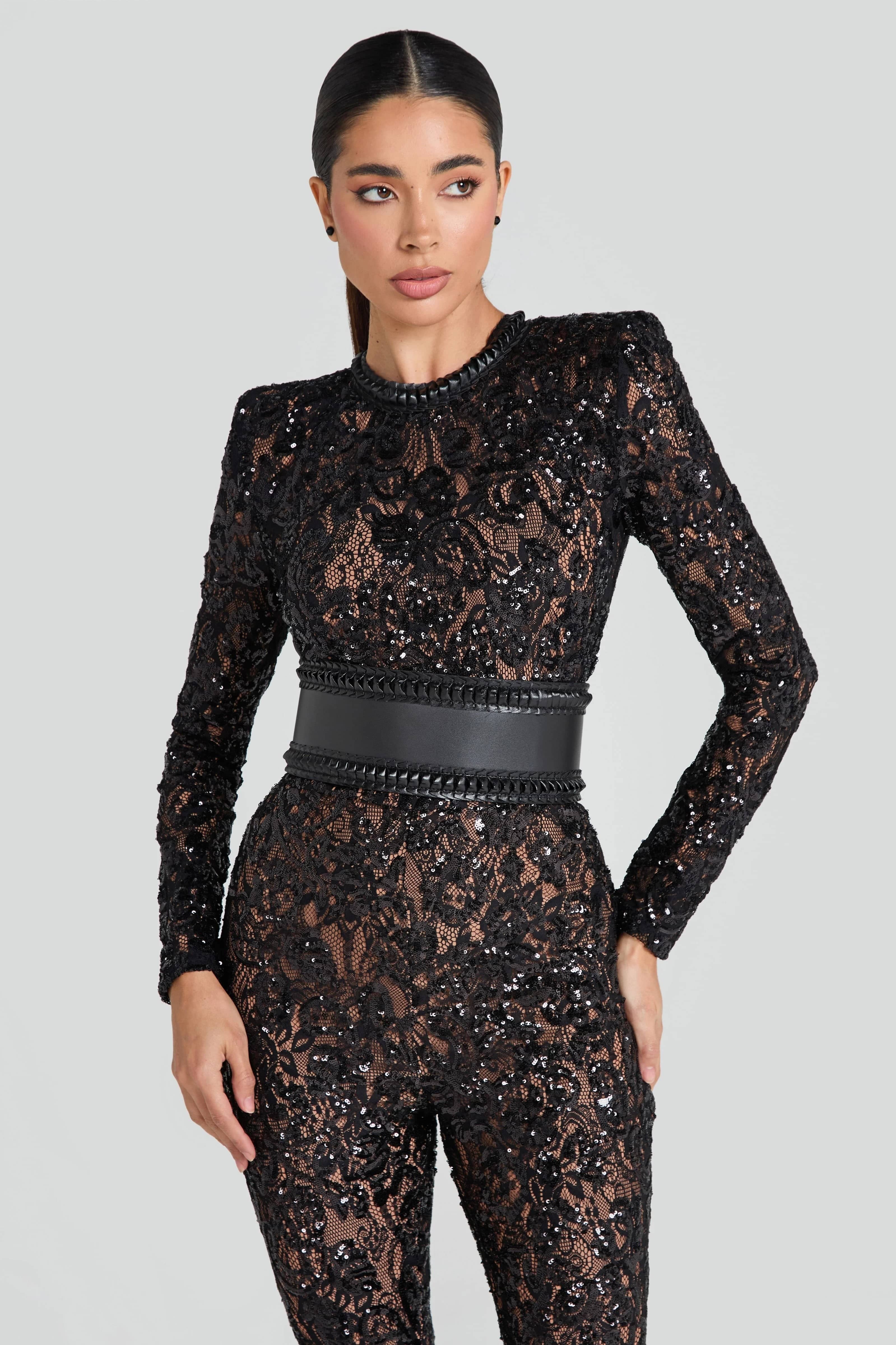 Modinzi jumpsuit Black / 8 (S) Women’s Sequin Lace Jumpsuit – Long Sleeve Sheer Floral Embellished Jumpsuit with Waist Belt