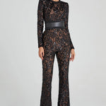 Modinzi jumpsuit Women’s Sequin Lace Jumpsuit – Long Sleeve Sheer Floral Embellished Jumpsuit with Waist Belt