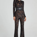 Modinzi jumpsuit Women’s Sequin Lace Jumpsuit – Long Sleeve Sheer Floral Embellished Jumpsuit with Waist Belt