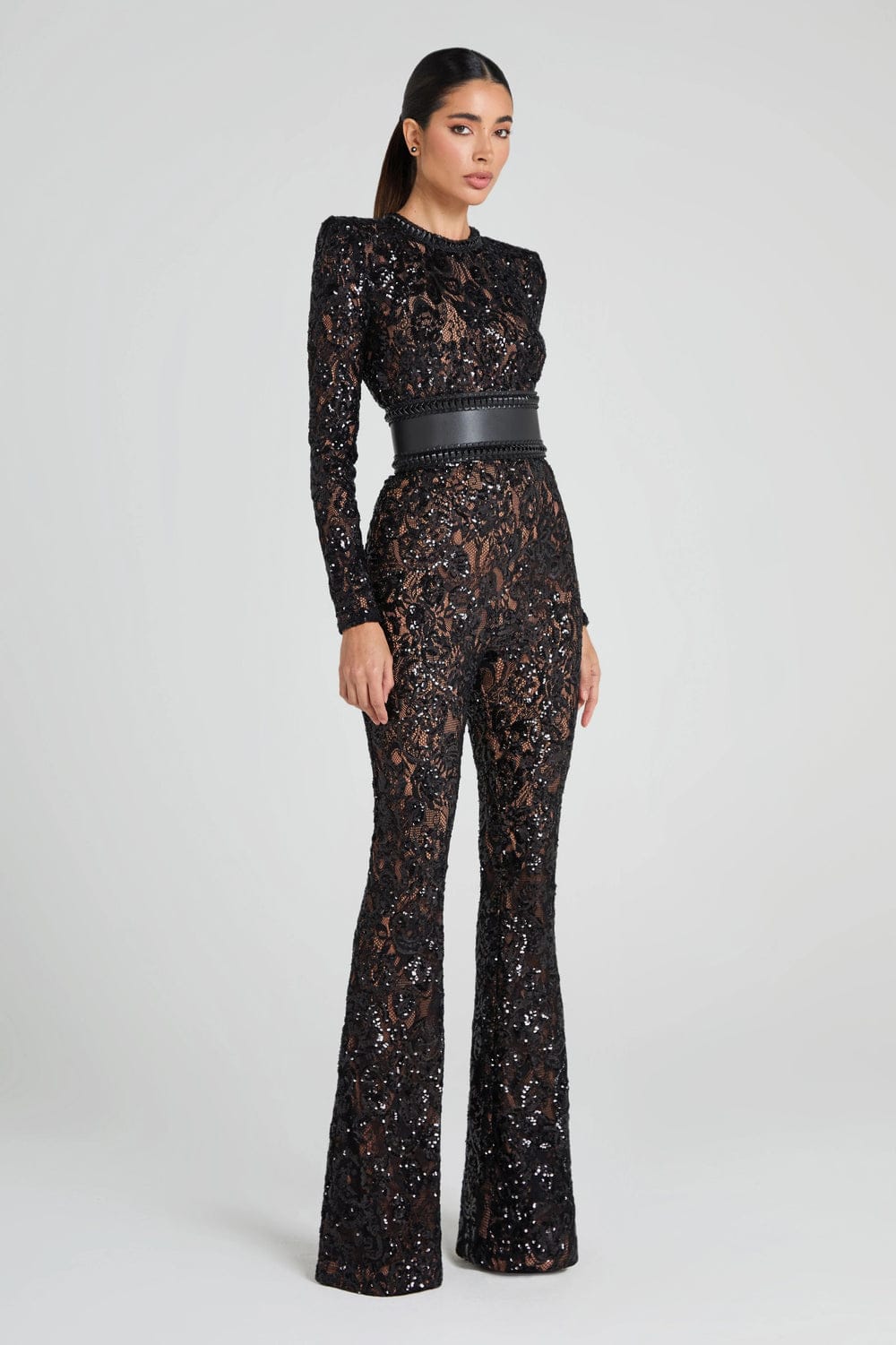 Modinzi jumpsuit Women’s Sequin Lace Jumpsuit – Long Sleeve Sheer Floral Embellished Jumpsuit with Waist Belt