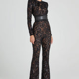 Modinzi jumpsuit Women’s Sequin Lace Jumpsuit – Long Sleeve Sheer Floral Embellished Jumpsuit with Waist Belt