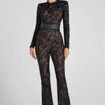 Modinzi jumpsuit Women’s Sequin Lace Jumpsuit – Long Sleeve Sheer Floral Embellished Jumpsuit with Waist Belt
