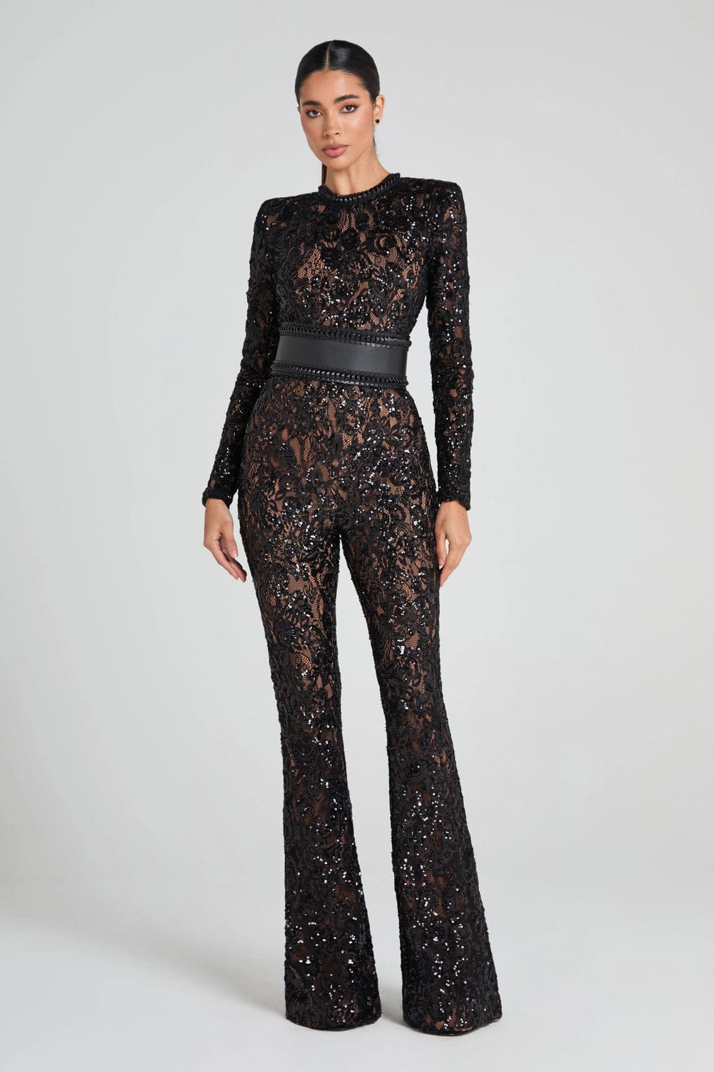 Modinzi jumpsuit Women’s Sequin Lace Jumpsuit – Long Sleeve Sheer Floral Embellished Jumpsuit with Waist Belt