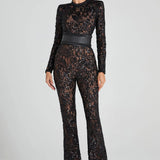 Modinzi jumpsuit Women’s Sequin Lace Jumpsuit – Long Sleeve Sheer Floral Embellished Jumpsuit with Waist Belt