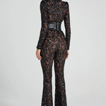 Modinzi jumpsuit Women’s Sequin Lace Jumpsuit – Long Sleeve Sheer Floral Embellished Jumpsuit with Waist Belt