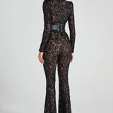 Modinzi jumpsuit Women’s Sequin Lace Jumpsuit – Long Sleeve Sheer Floral Embellished Jumpsuit with Waist Belt