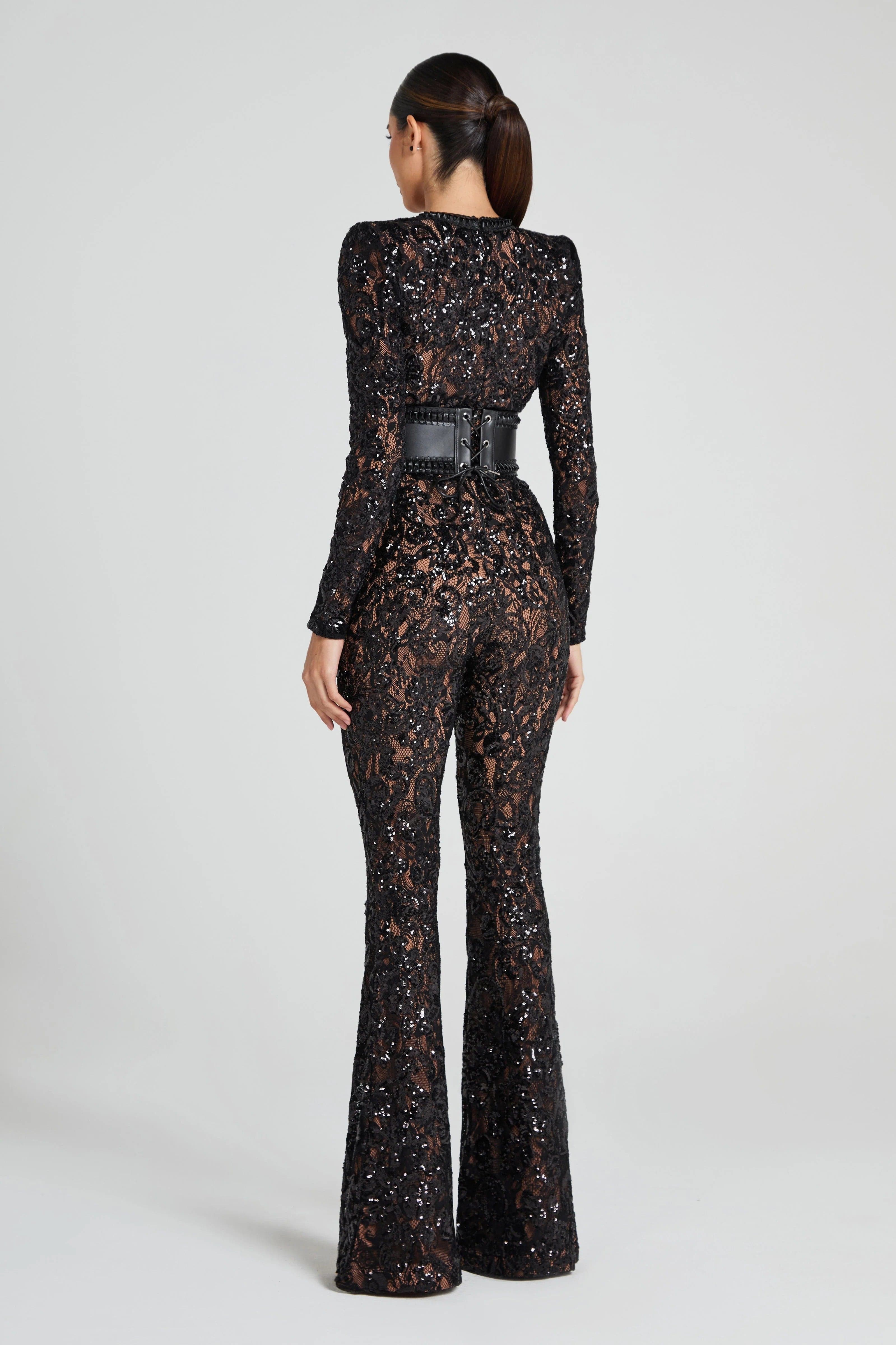 Modinzi jumpsuit Women’s Sequin Lace Jumpsuit – Long Sleeve Sheer Floral Embellished Jumpsuit with Waist Belt