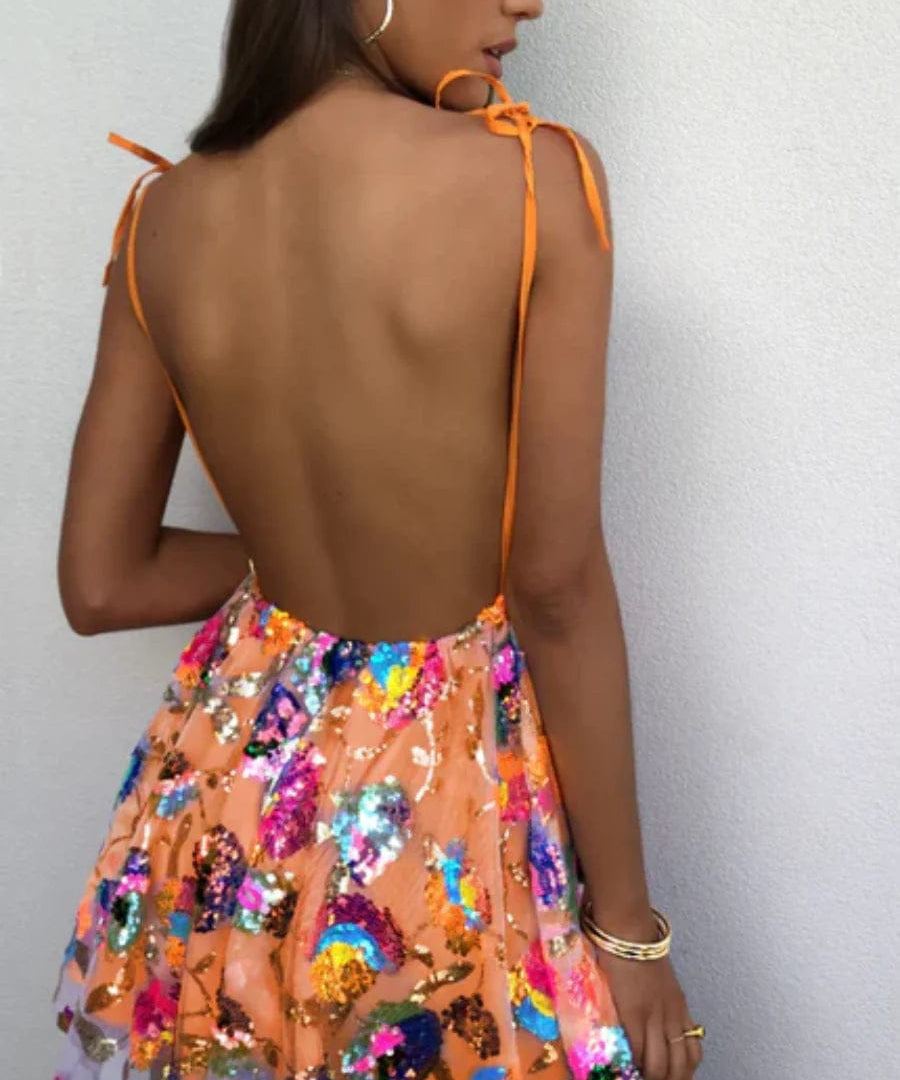 Modinzi Mini Dress Women’s Sequin Mini Dress – Plunge V-Neck Backless Party Dress