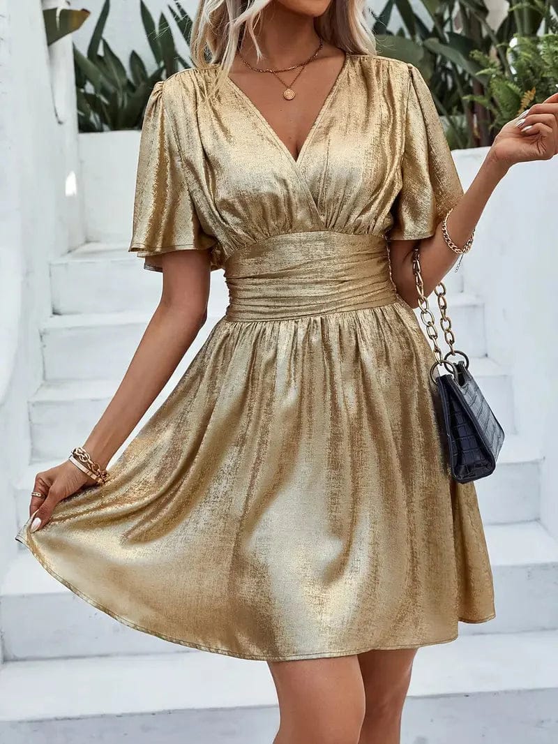Modinzi Mini Dress Women’s Shimmer Gold Short Dress – V-Neck Flutter Sleeve