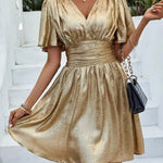 Modinzi Mini Dress Women’s Shimmer Gold Short Dress – V-Neck Flutter Sleeve