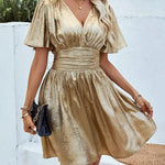 Modinzi Mini Dress Women’s Shimmer Gold Short Dress – V-Neck Flutter Sleeve