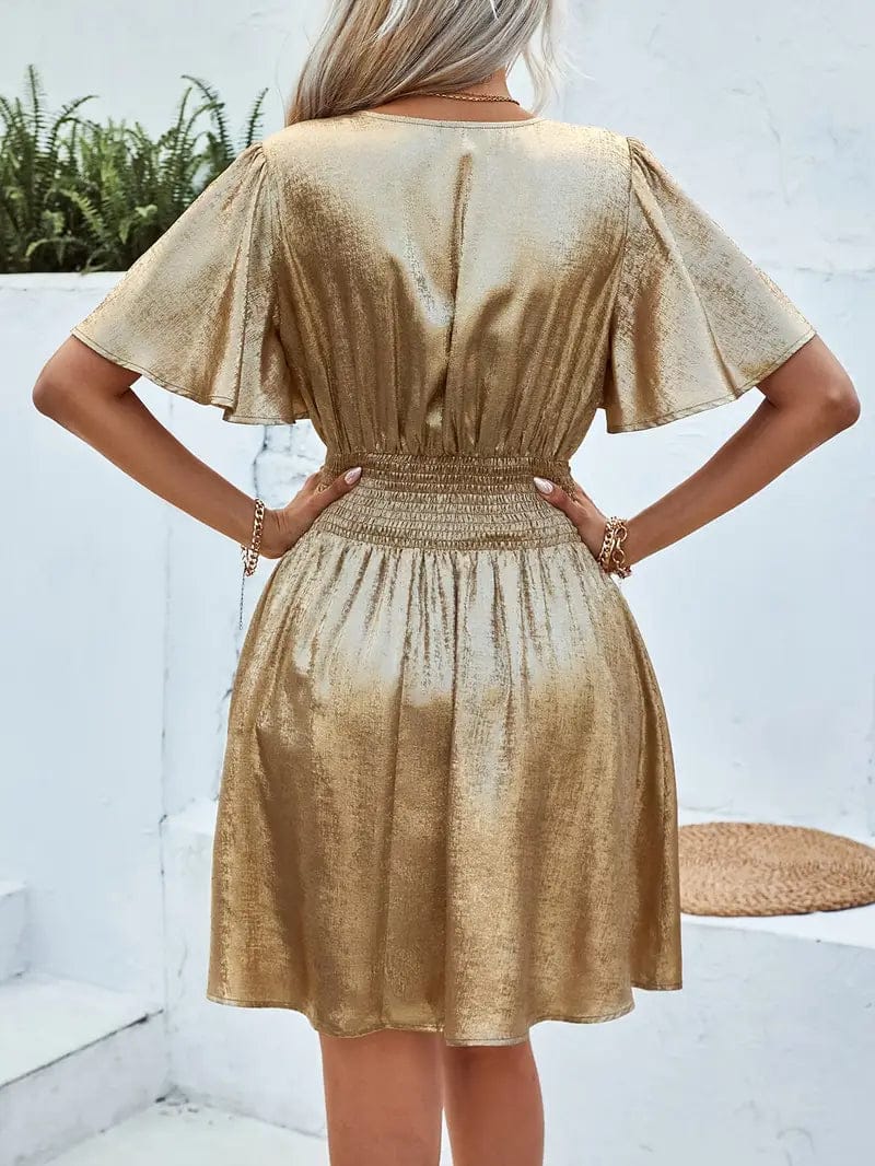 Modinzi Mini Dress Women’s Shimmer Gold Short Dress – V-Neck Flutter Sleeve