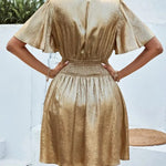 Modinzi Mini Dress Women’s Shimmer Gold Short Dress – V-Neck Flutter Sleeve