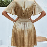 Modinzi Mini Dress Women’s Shimmer Gold Short Dress – V-Neck Flutter Sleeve