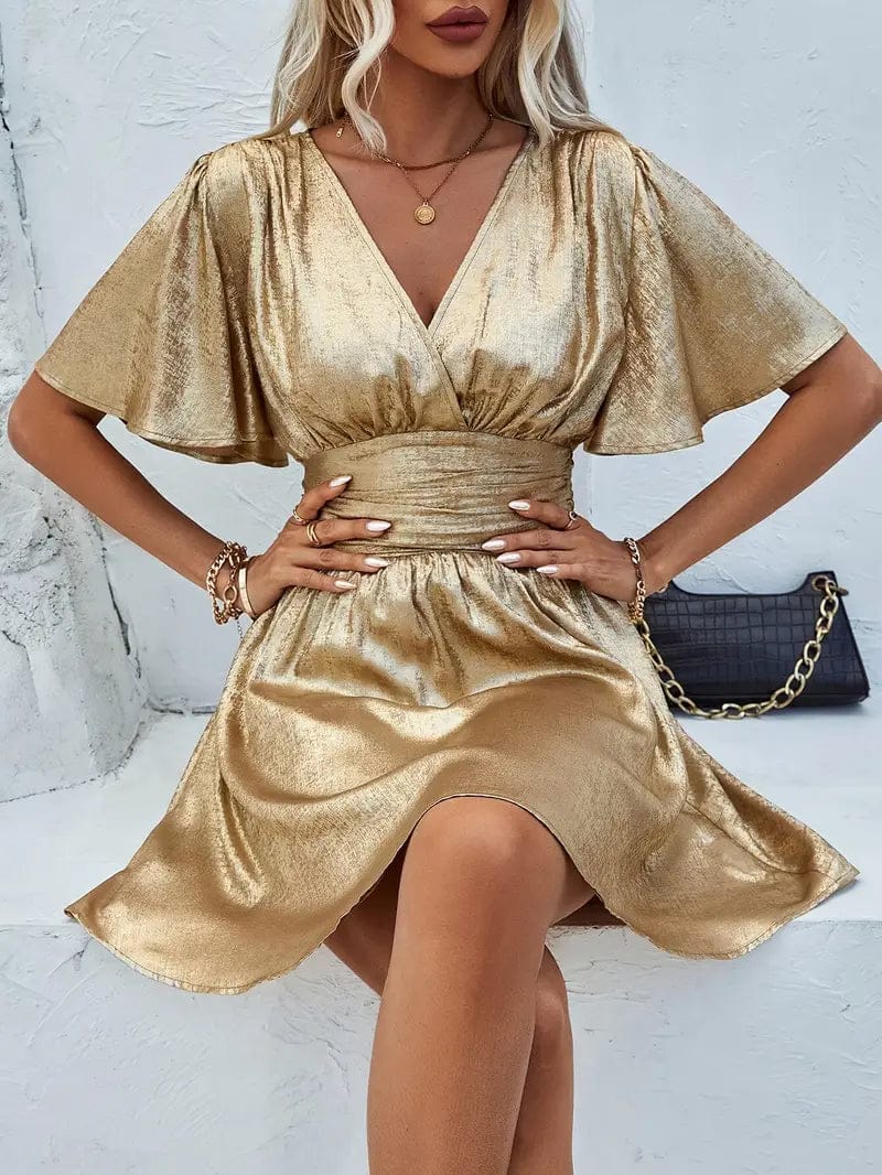 Women's Shimmer Gold Short Dress – V-Neck Flutter Sleeve – Modinzi