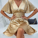 Modinzi Mini Dress Women’s Shimmer Gold Short Dress – V-Neck Flutter Sleeve