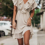 Modinzi Mini Dress Beige / 8 (S) Women’s Short Ruffle Dress – V-Neck Pleated Layered Mini Dress