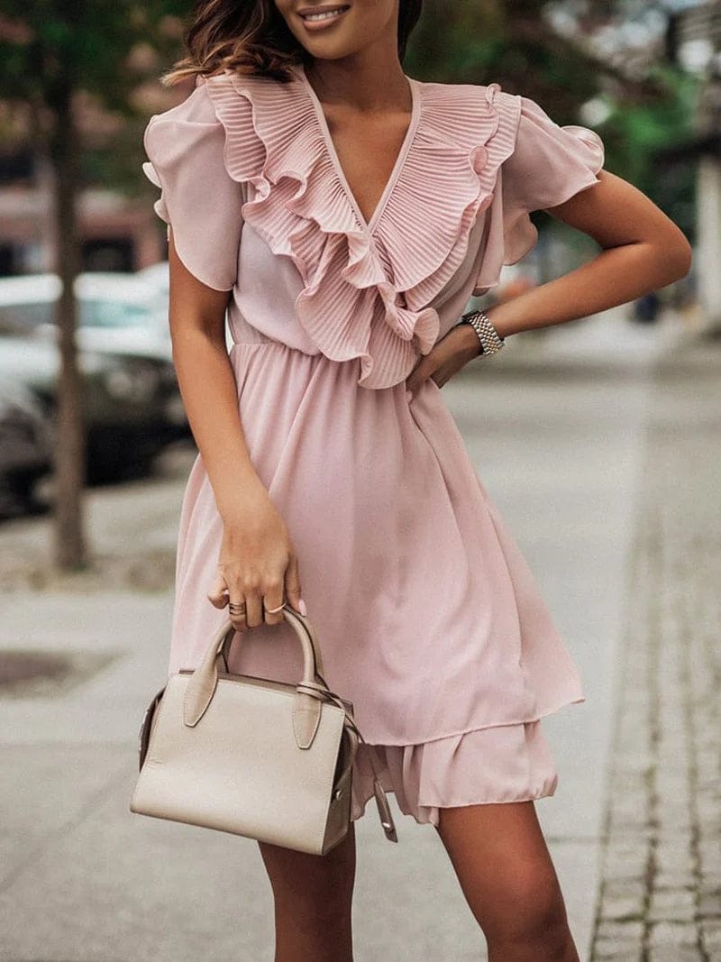 Modinzi Mini Dress Pink / 8 (S) Women’s Short Ruffle Dress – V-Neck Pleated Layered Mini Dress