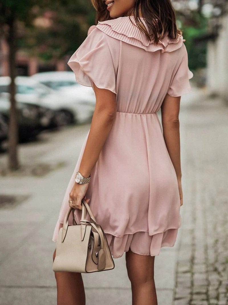 Modinzi Mini Dress Women’s Short Ruffle Dress – V-Neck Pleated Layered Mini Dress