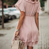 Modinzi Mini Dress Women’s Short Ruffle Dress – V-Neck Pleated Layered Mini Dress