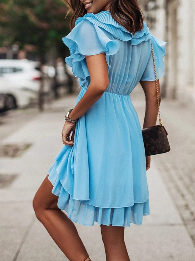 Modinzi Mini Dress Women’s Short Ruffle Dress – V-Neck Pleated Layered Mini Dress