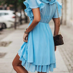 Modinzi Mini Dress Women’s Short Ruffle Dress – V-Neck Pleated Layered Mini Dress