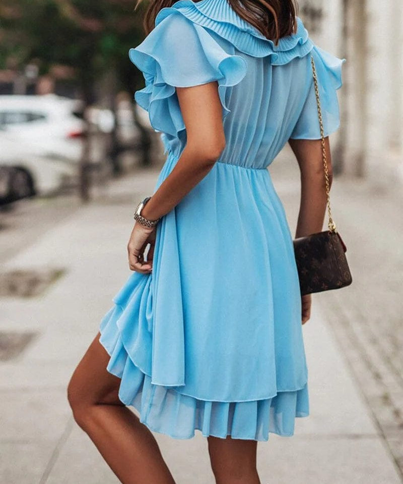 Modinzi Mini Dress Women’s Short Ruffle Dress – V-Neck Pleated Layered Mini Dress