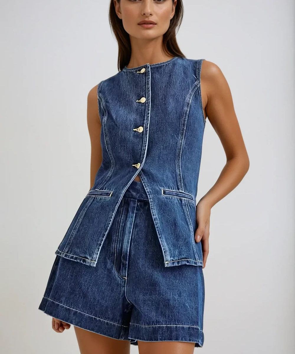 Modinzi Tops & Shorts Blue / 8 (S) Women’s Sleeveless Denim Peplum Top and Shorts Set – Button Front Detail