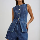 Modinzi Tops & Shorts Blue / 8 (S) Women’s Sleeveless Denim Peplum Top and Shorts Set – Button Front Detail