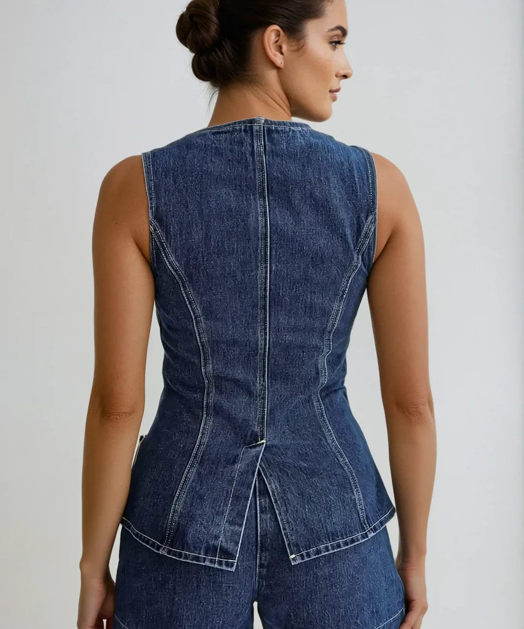 Modinzi Tops & Shorts Women’s Sleeveless Denim Peplum Top and Shorts Set – Button Front Detail