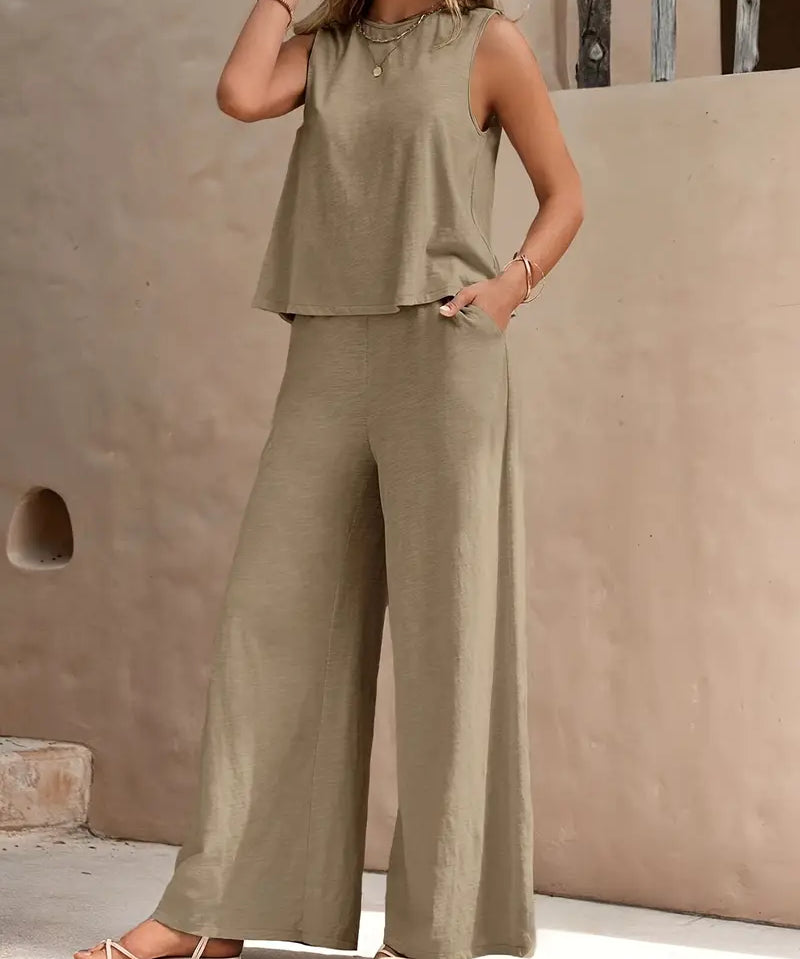 Modinzi Sets Light Olive Green / 6 (XS) Women’s Sleeveless Wide-Leg Two-Piece Set – Relaxed Summer Outfit