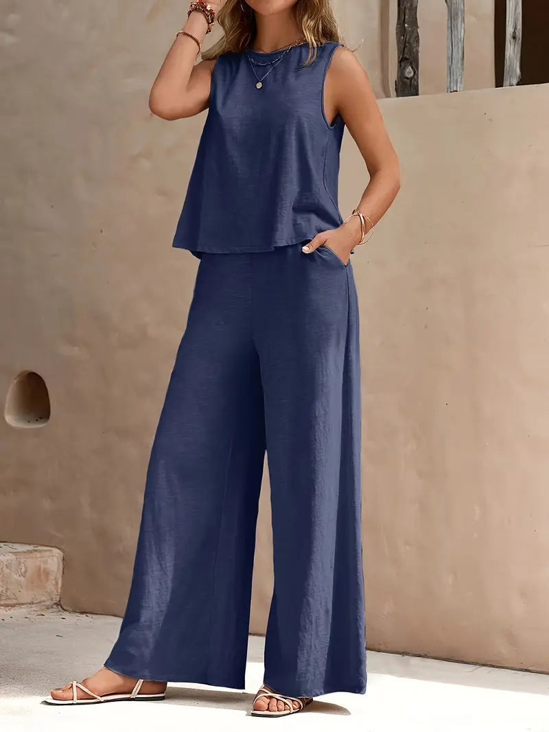 Modinzi Sets Navy Blue / 6 (XS) Women’s Sleeveless Wide-Leg Two-Piece Set – Relaxed Summer Outfit