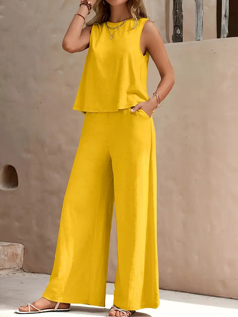 Modinzi Sets Yellow / 6 (XS) Women’s Sleeveless Wide-Leg Two-Piece Set – Relaxed Summer Outfit