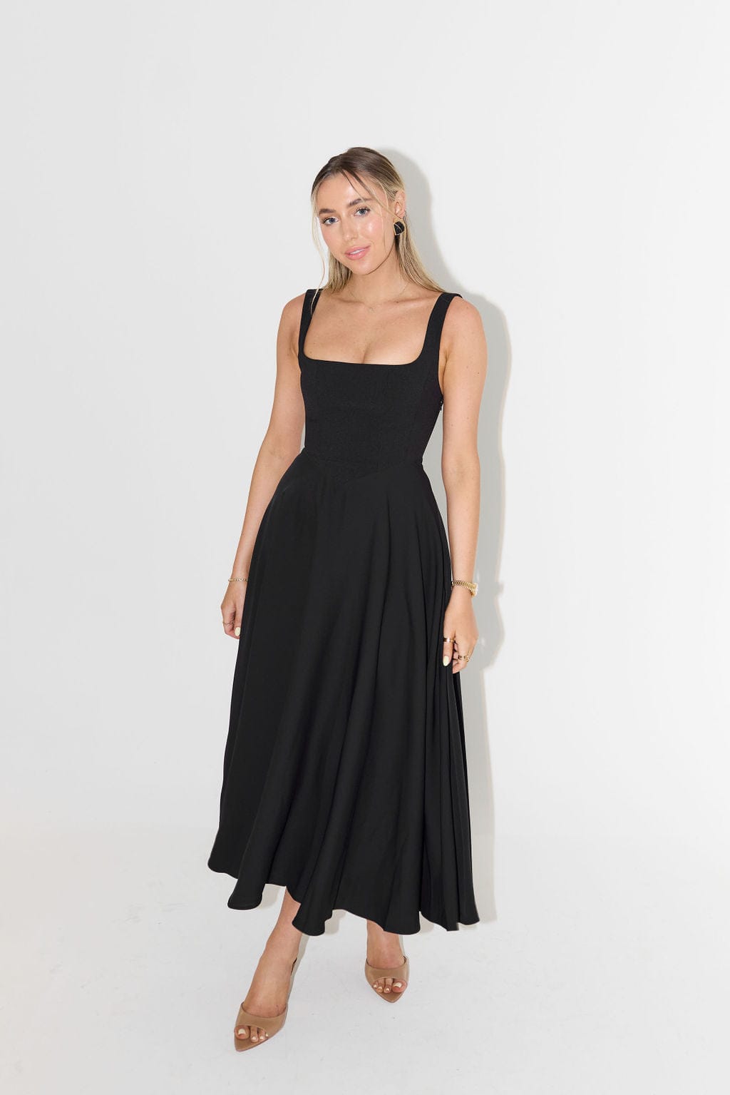 Modinzi Maxi dress black / 8 (S) Women’s Square Neck A-Line Midi Dress – Timeless Tailored Silhouette