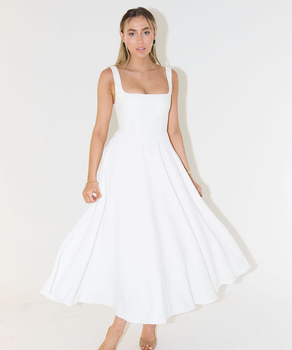 Modinzi Maxi dress White Midi / 8 (S) Women’s Square Neck A-Line Midi Dress – Timeless Tailored Silhouette