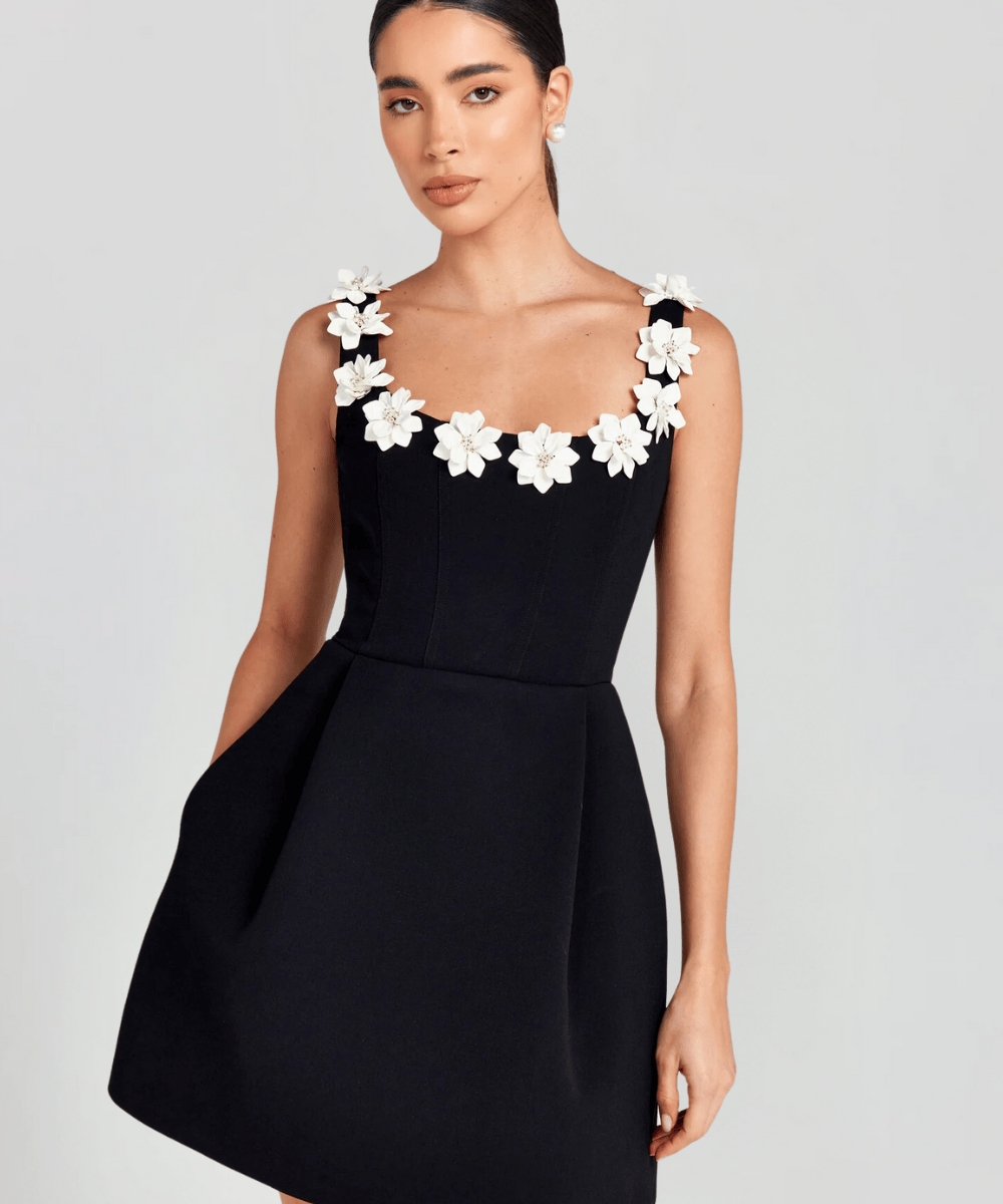 Modinzi Mini Dress Black / 8 (S) Women’s Square Neck Mini Dress – Modern Floral Accent A-Line Dress