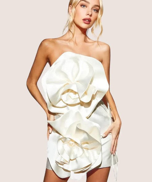 Modinzi Mini Dress Ivory / 8 (S) Women’s Strapless 3D Floral Mini Dress – Elegant Satin Corset Party Dress