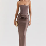 Modinzi Maxi dress Brown / 6 (XS) Women’s Strapless Corset Maxi Dress – Elegant Draped Evening Gown