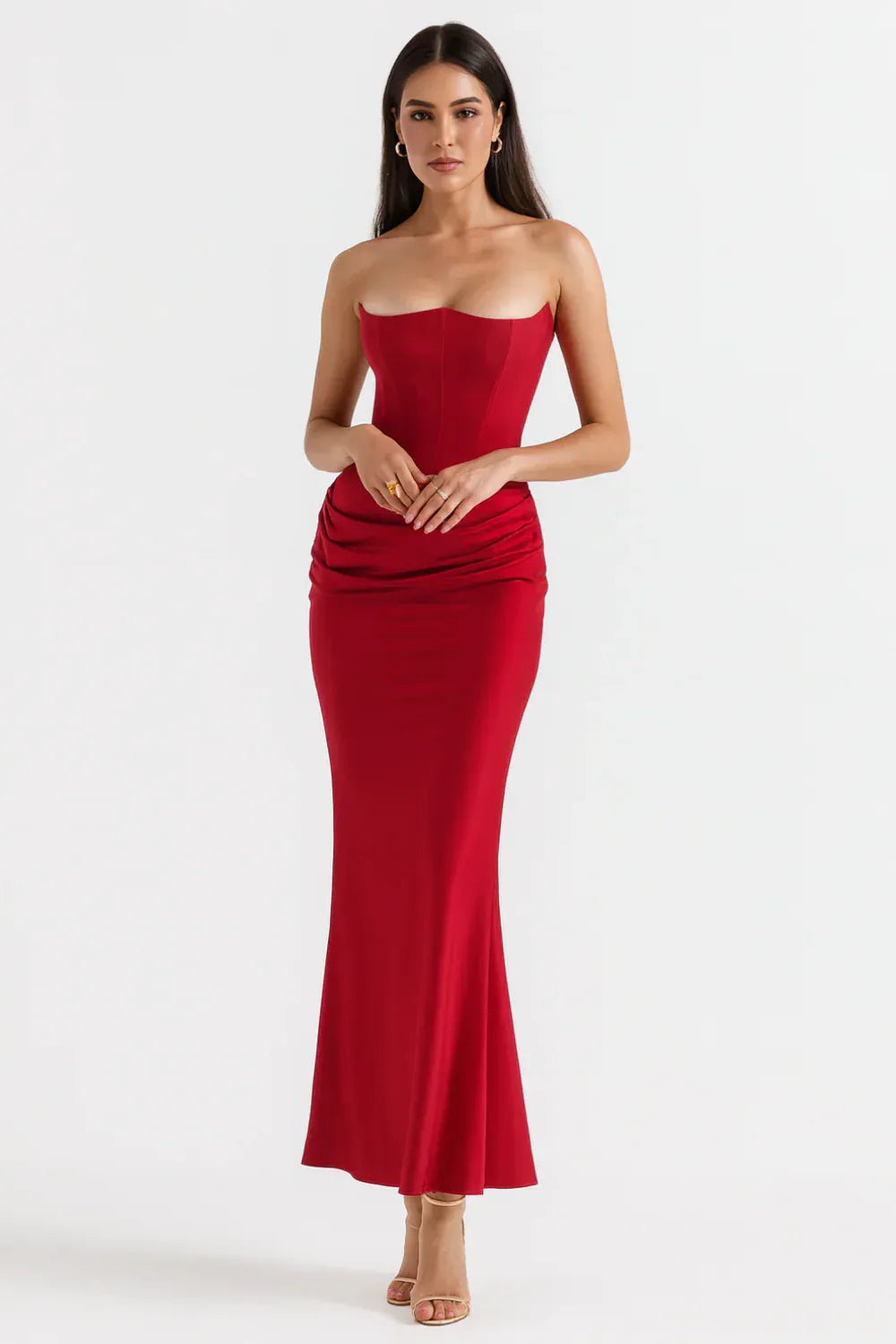 Modinzi Maxi dress Red / 6 (XS) Women’s Strapless Corset Maxi Dress – Elegant Draped Evening Gown