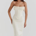Modinzi Midi dress Cream / 6 (XS) Women’s Strapless Corset Midi Dress – Pearl Beaded Bustier Evening Gown