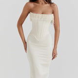 Modinzi Midi dress Cream / 6 (XS) Women’s Strapless Corset Midi Dress – Pearl Beaded Bustier Evening Gown