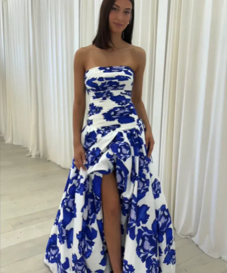 Modinzi Maxi dress Blue / 8 (S) Women’s Strapless Floral Maxi Dress – Ruched Bodice Split Gown