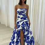 Modinzi Maxi dress Blue / 8 (S) Women’s Strapless Floral Maxi Dress – Ruched Bodice Split Gown