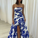 Modinzi Maxi dress Blue / 8 (S) Women’s Strapless Floral Maxi Dress – Ruched Bodice Split Gown