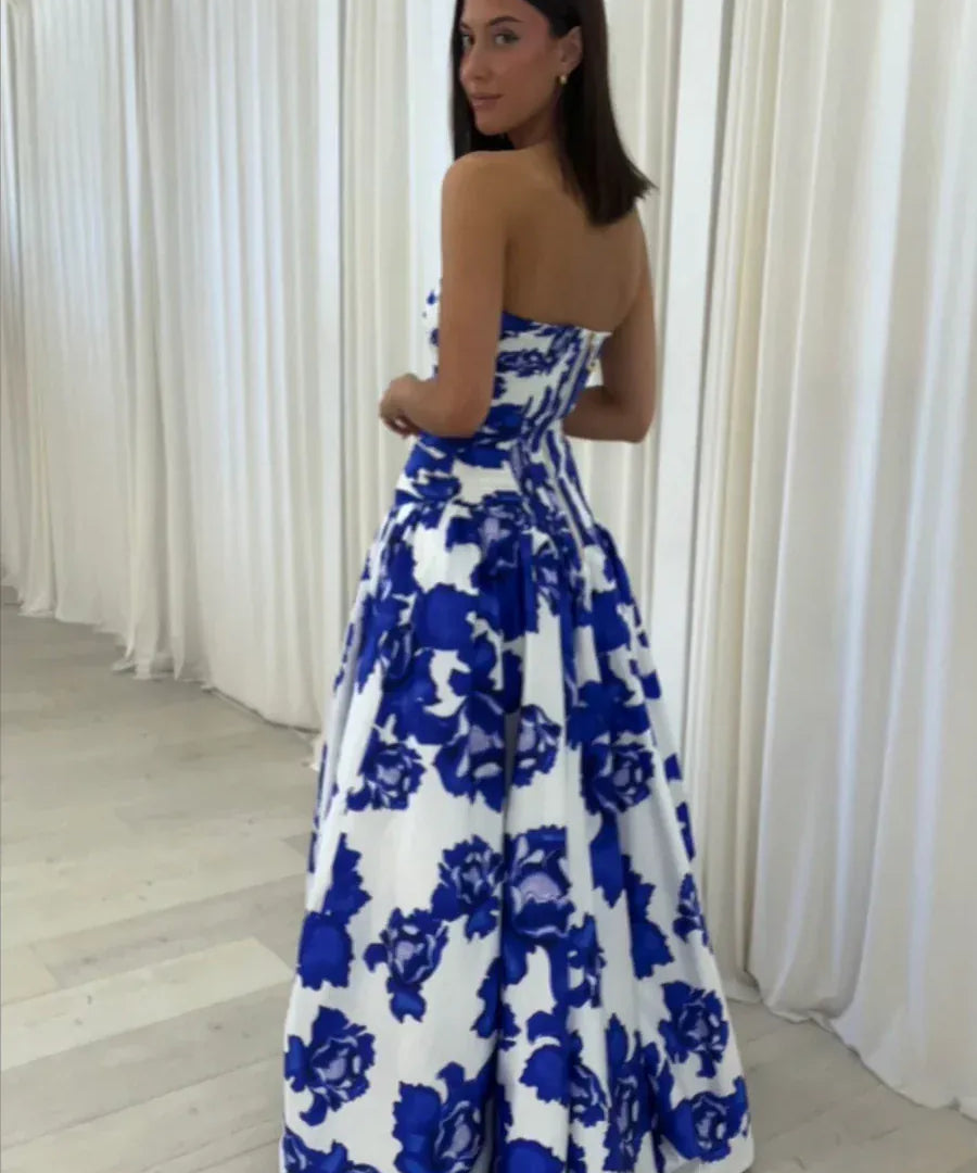 Modinzi Maxi dress Women’s Strapless Floral Maxi Dress – Ruched Bodice Split Gown