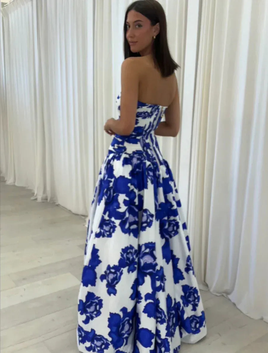 Modinzi Maxi dress Women’s Strapless Floral Maxi Dress – Ruched Bodice Split Gown