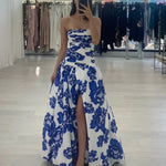 Modinzi Maxi dress Women’s Strapless Floral Maxi Dress – Ruched Bodice Split Gown