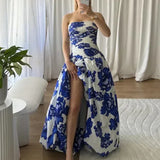 Modinzi Maxi dress Women’s Strapless Floral Maxi Dress – Ruched Bodice Split Gown