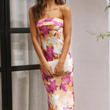 Modinzi Maxi dress Pink / 8 (S) Women’s Strapless Floral Satin Midi Dress – Elegant Backless Summer Occasion Dress